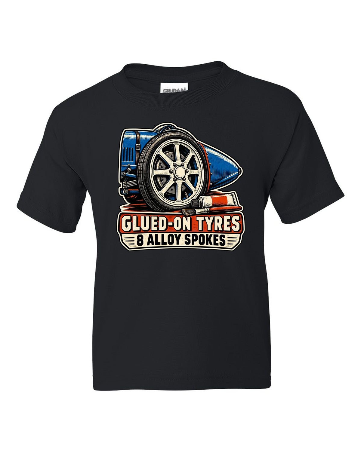 Linocut style print of a Bugatti Type 35 eight-spoke alloy wheel with glued-on tyres lettering black kids tee front view with the design