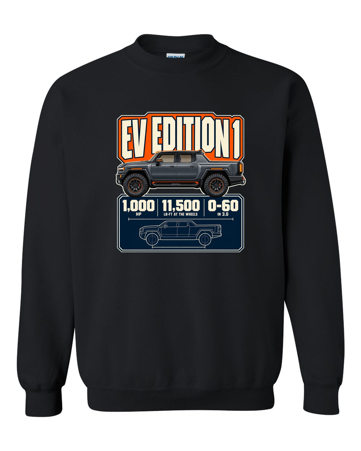 Spec poster print of the Hummer EV Edition 1 with horsepower and torque figures black crewneck front view with the design