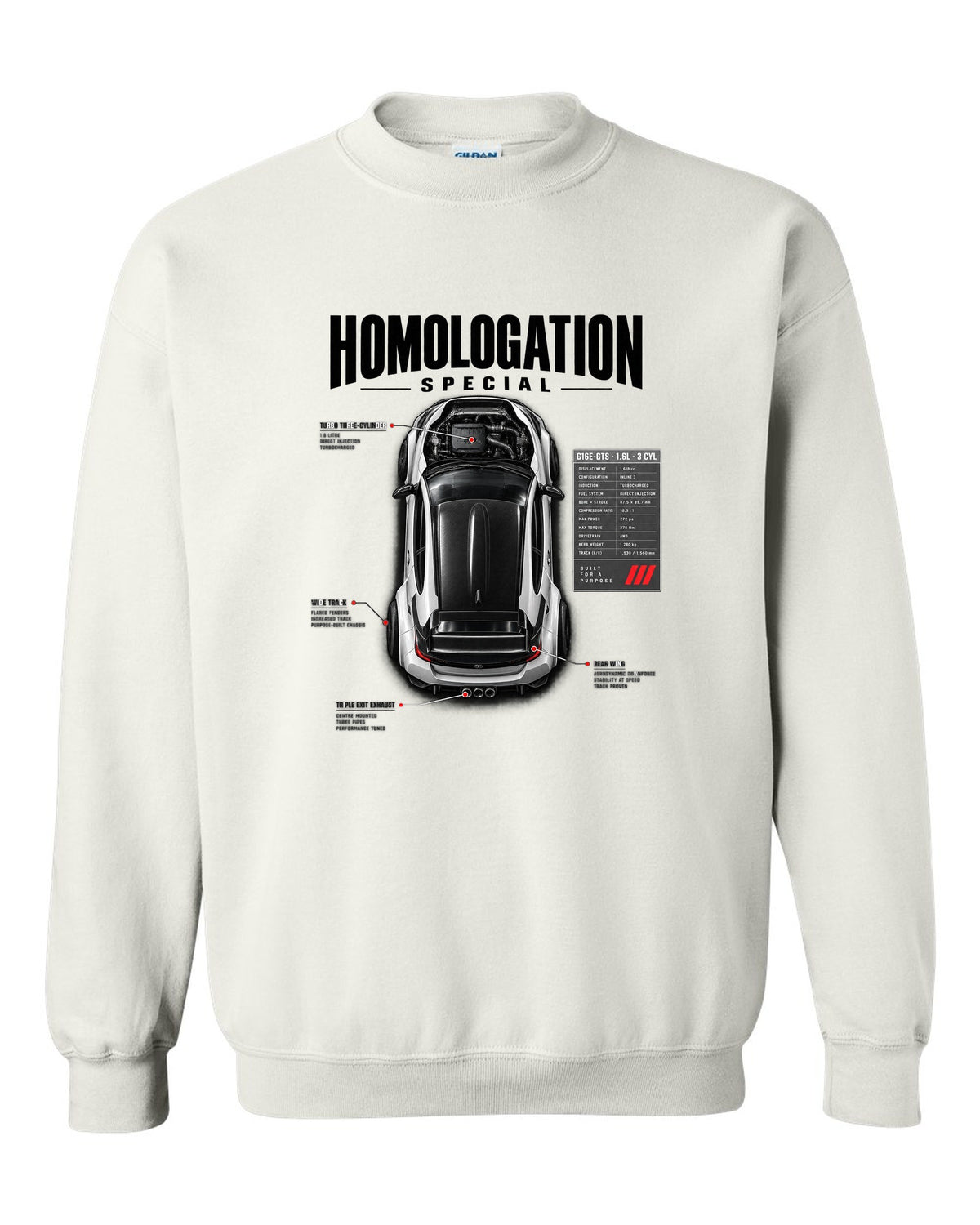 Spec poster style print of a Toyota GR Yaris with G16E-GTS 1.6L 3 cylinder text white crewneck front view with the design