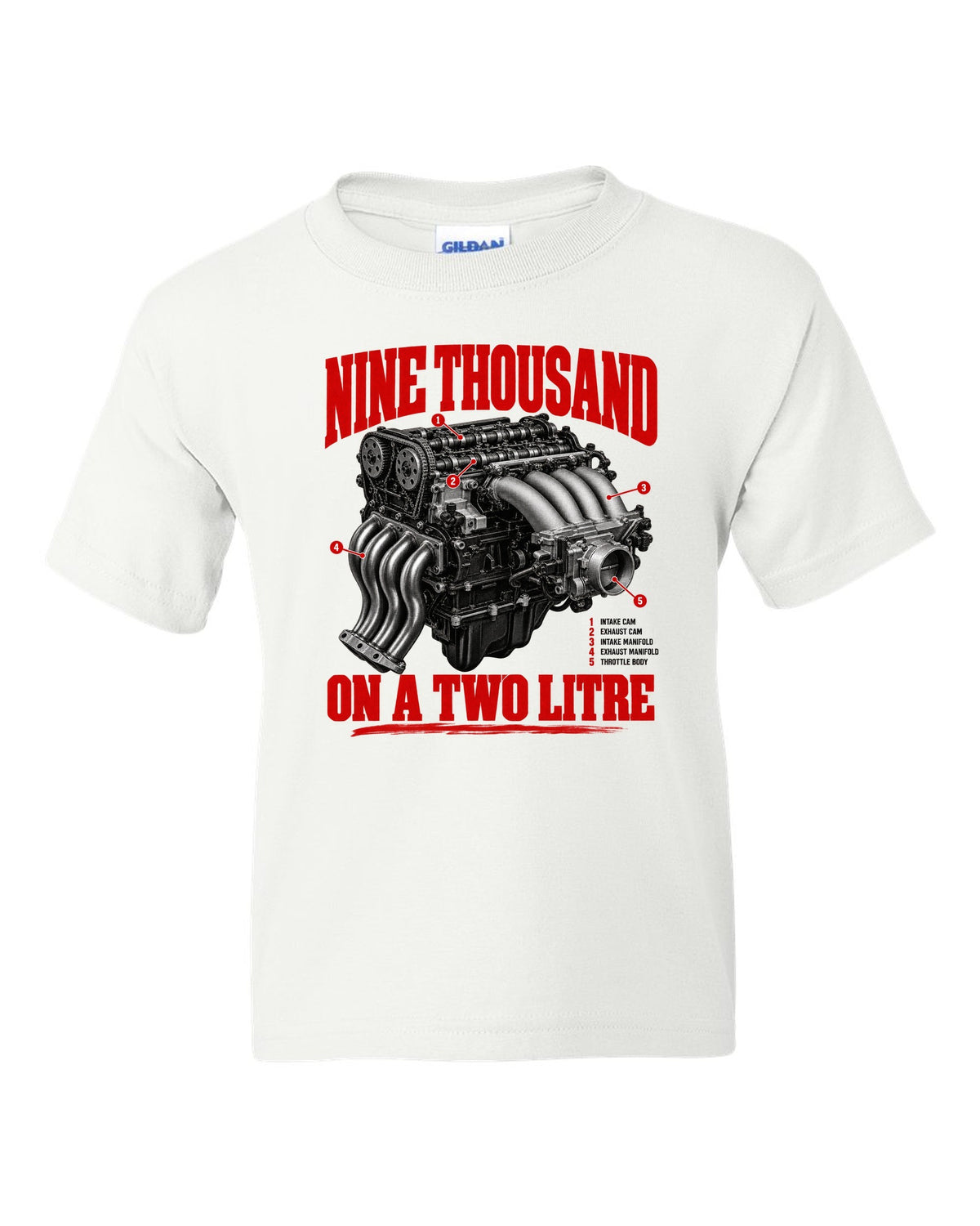 Honda S2000 AP1 roadster engine hero design with nine thousand on a two litre text white kids tee front view with the design