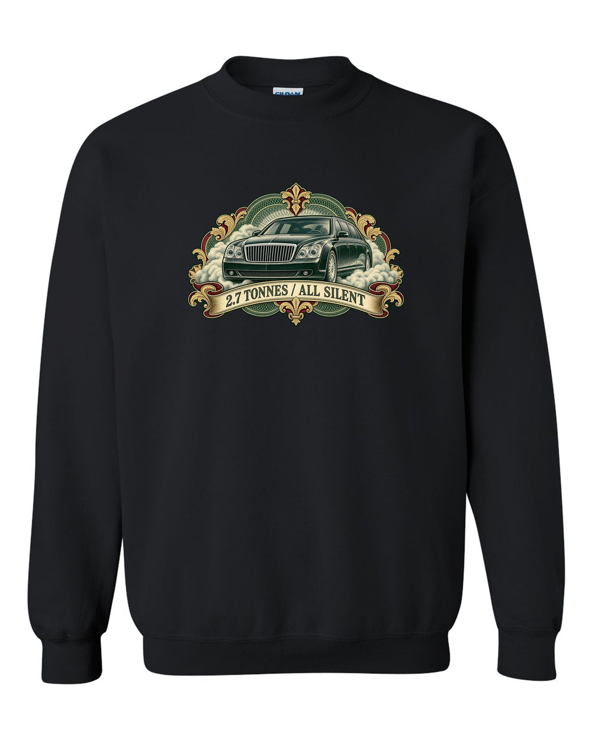 Engraved banknote style etching of a Maybach 57 W240 with 2.7 Tonnes All Silent text black crewneck front view with the design