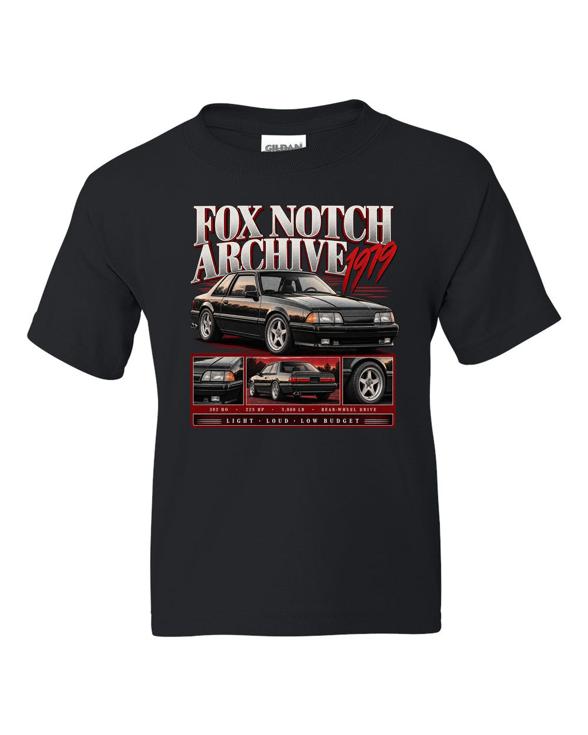Archive panel print of a Ford Mustang Fox Body notchback coupe with spec lines black kids tee front view with the design