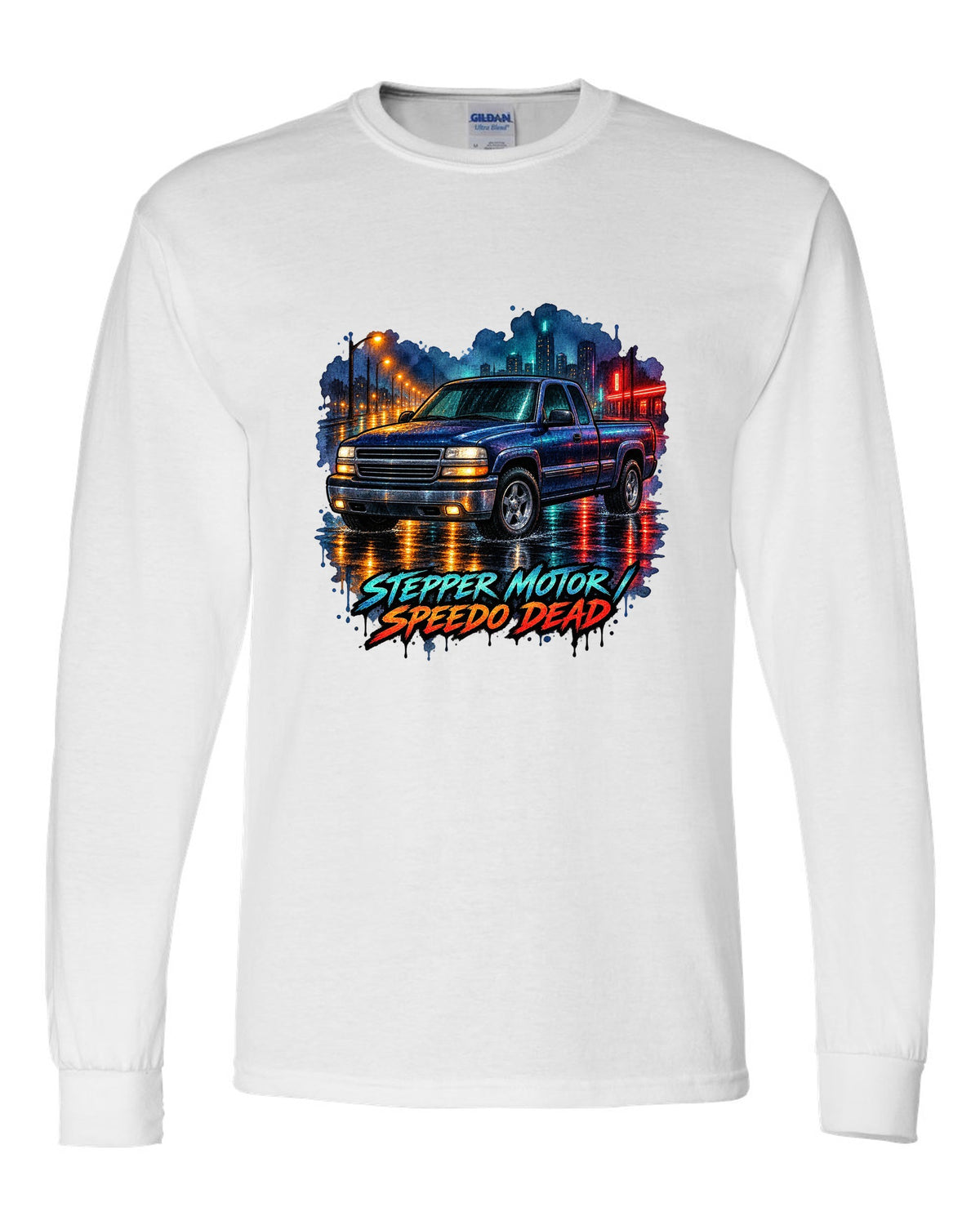 Watercolor wet-road night print of a 1999-2006 Chevrolet GMT800 NBS Silverado with stepper motor speedo dead lettering white long sleeve front view with the design