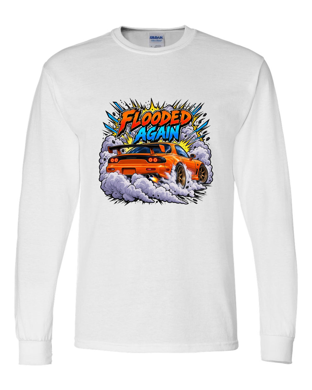 Comic-style Mazda RX-7 FD3S burnout with speed lines and smoke white long sleeve front view with the design