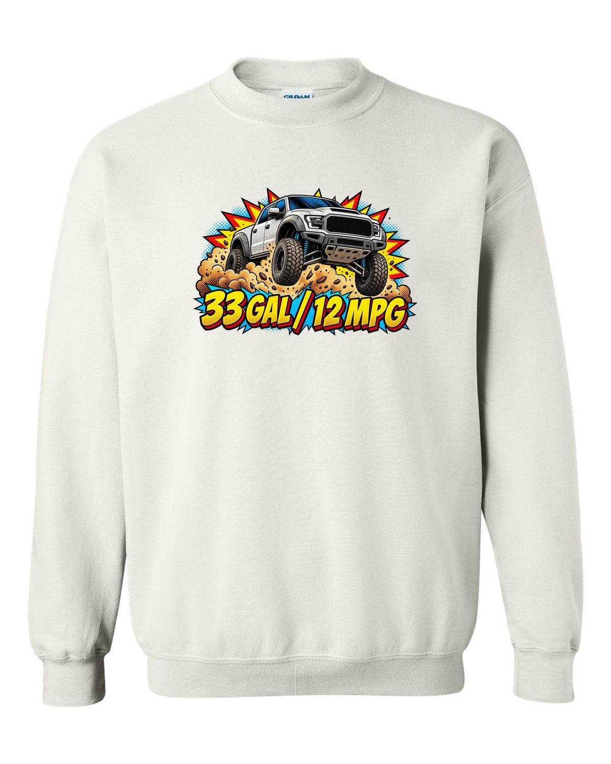 Comic halftone print of an airborne 2021-2024 Ram 1500 TRX with 33 gal 12 mpg text white crewneck front view with the design