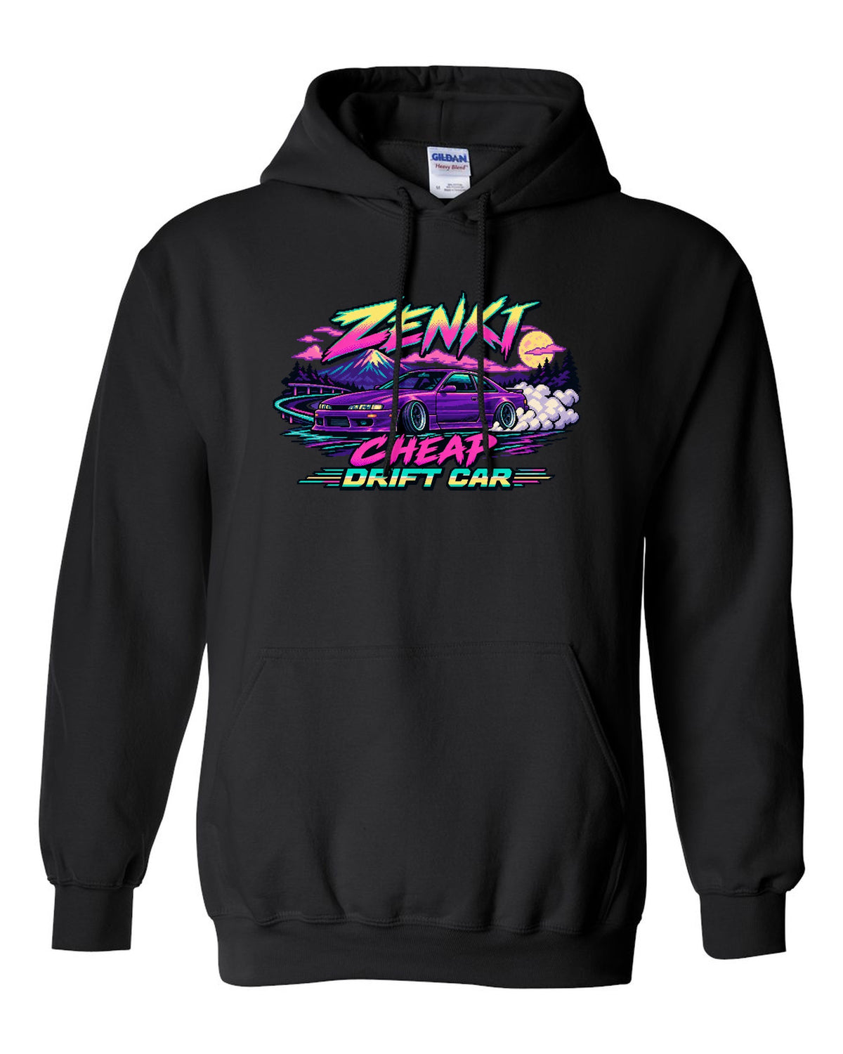16-bit pixel art print of a Nissan Silvia S14 zenki drift car black pull over hoodie front view with the design