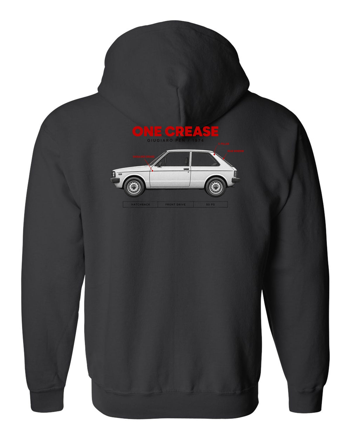 VW Golf Mk1 1974 Giugiaro Spec Poster print black zip hoodie back view with the design
