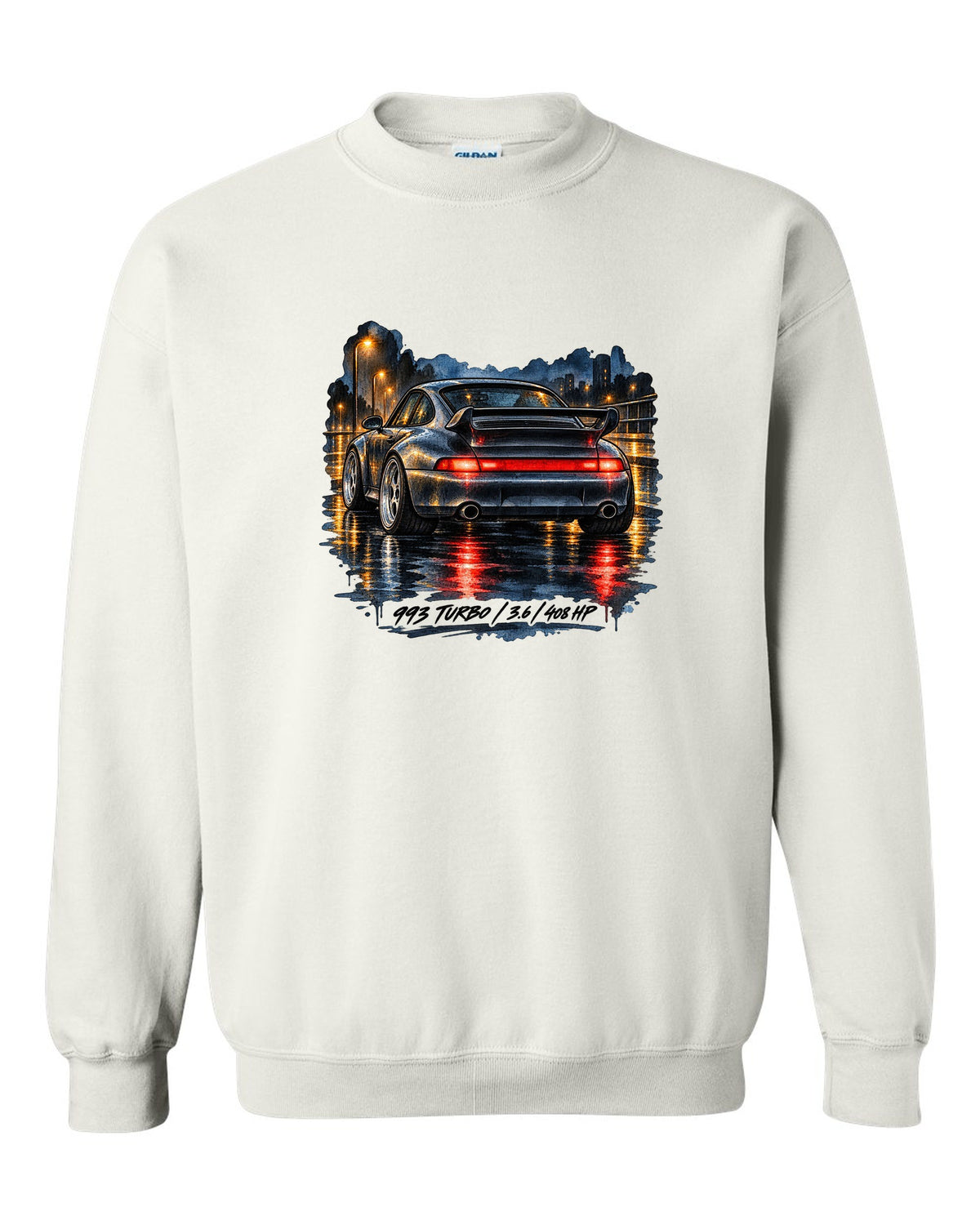 Spec sheet data plate design for the 1978 Porsche 911 Turbo 3.3 930 white crewneck front view with the design