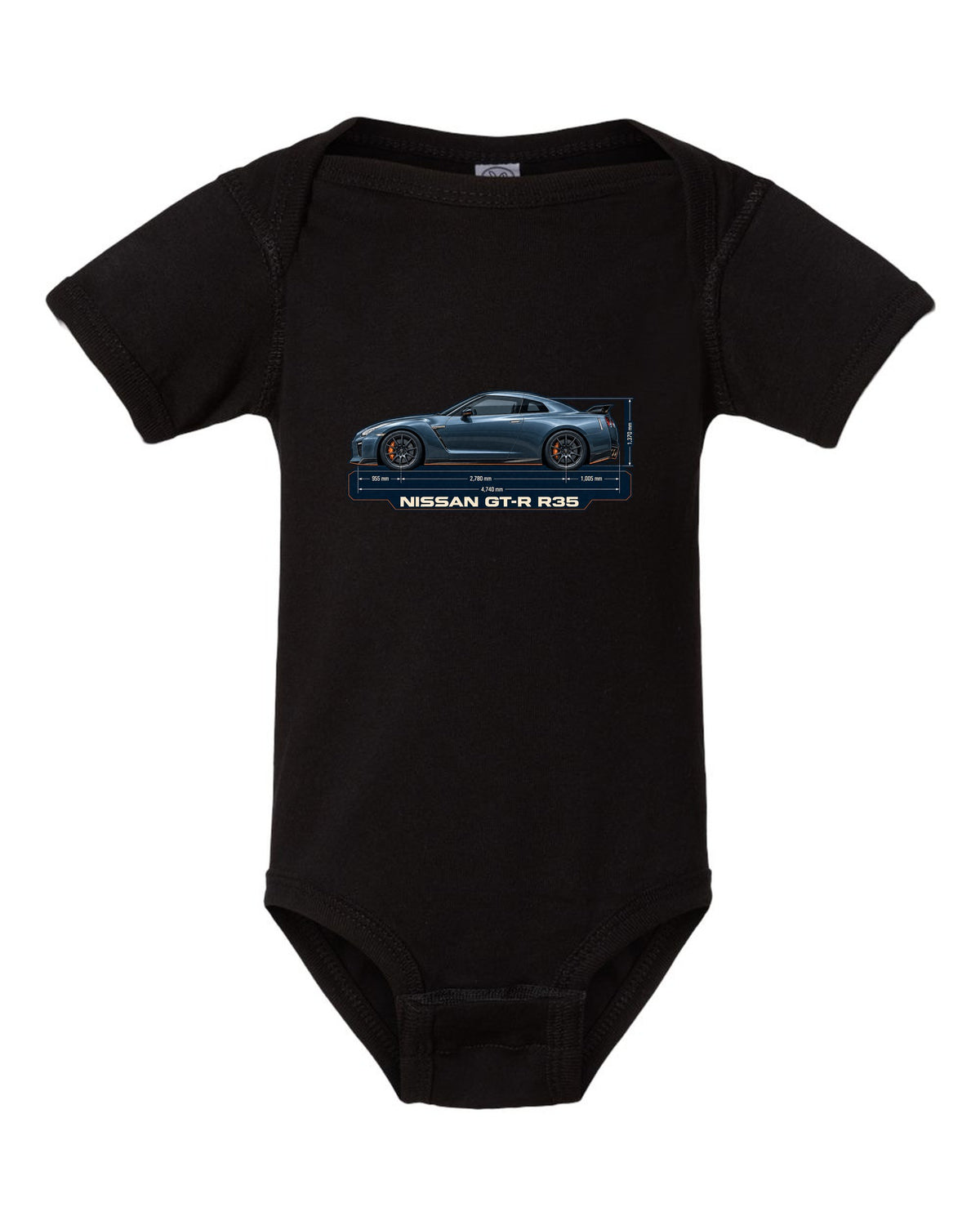 Nissan Z RZ34 Performance dimension blueprint in graphite blue black baby onesie front view with the design