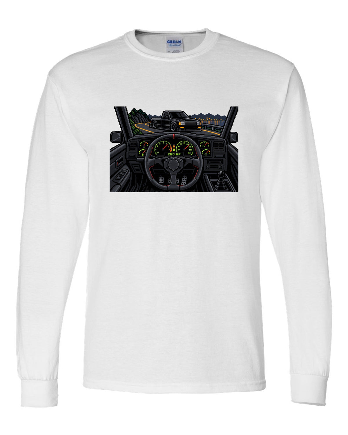 8/16-bit pixel art gauge print of a 1991 GMC Syclone with 280 HP text white long sleeve front view with the design