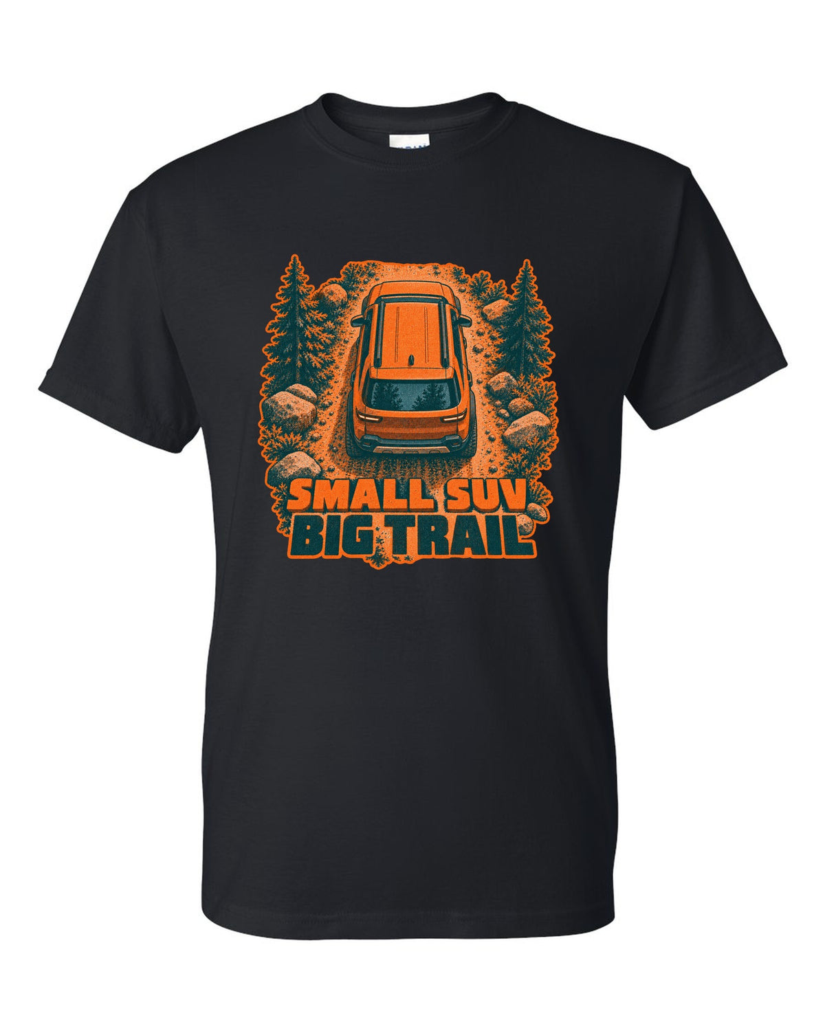 Rivian R2 overhead risograph duotone print with the text small SUV big trail black t-shirt front view with the design