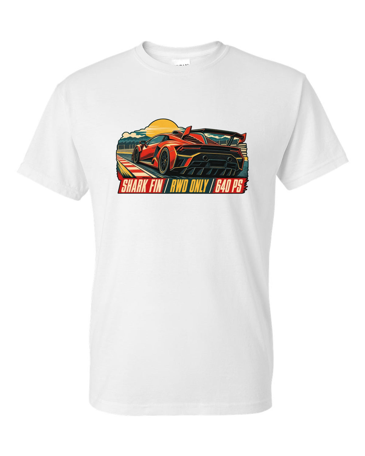 Vintage 1960s lithograph race poster of a Lamborghini Huracan STO LP640-2 with shark fin text white t-shirt front view with the design