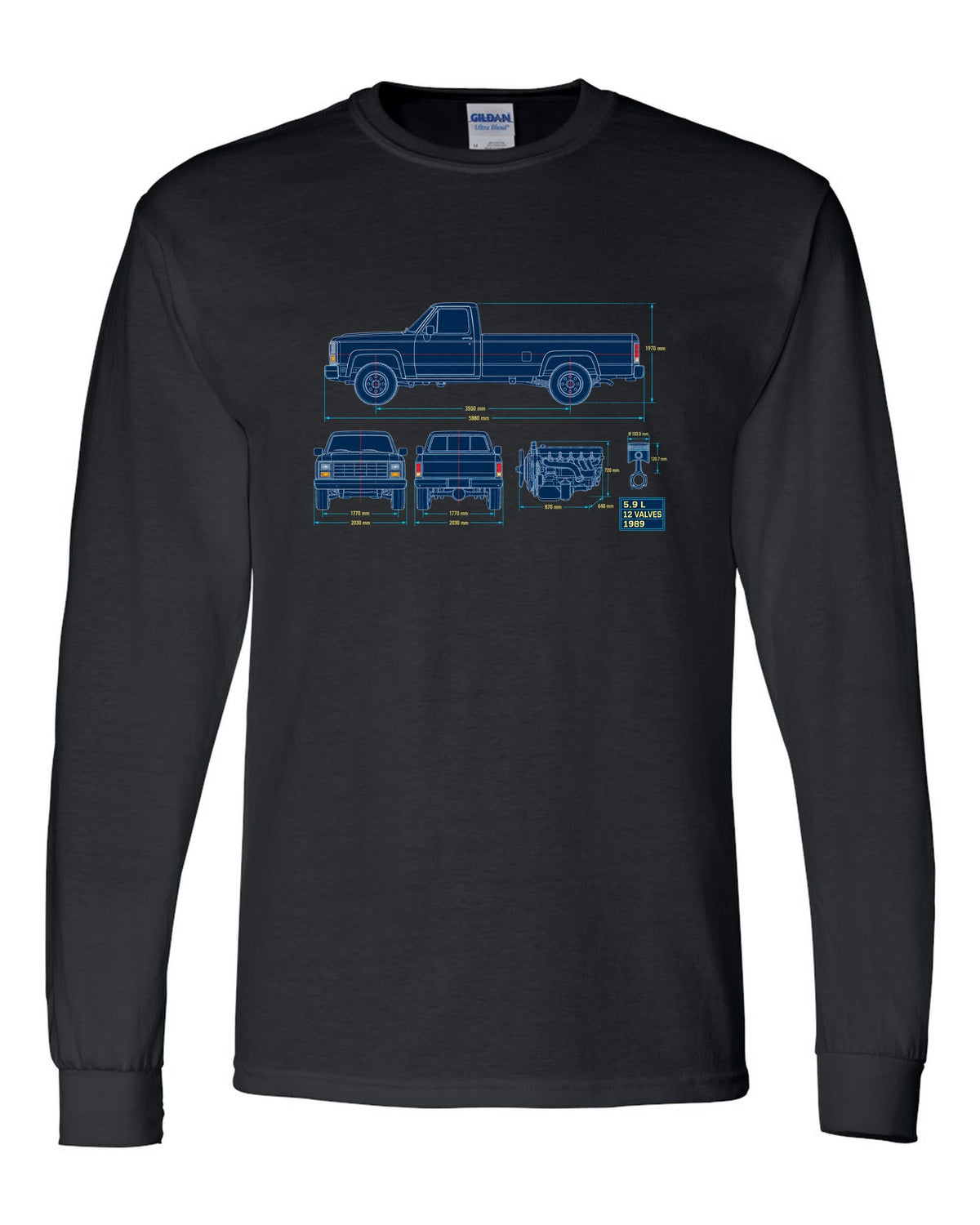 Blueprint line art print of a 1989-1993 Dodge Ram D250 Cummins with 5.9 L and 12 valves black long sleeve front view with the design