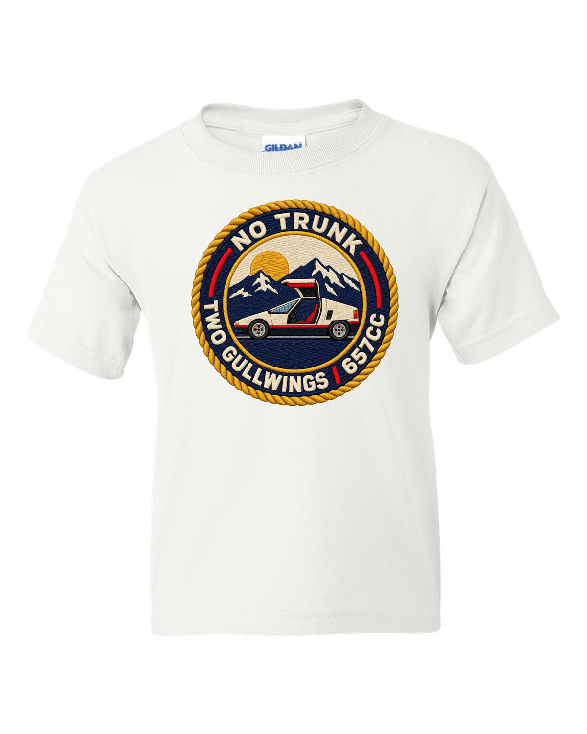 Embroidery-style varsity crest print for the Autozam AZ-1 PG6SA with no trunk two gullwings 657cc lettering white kids tee front view with the design