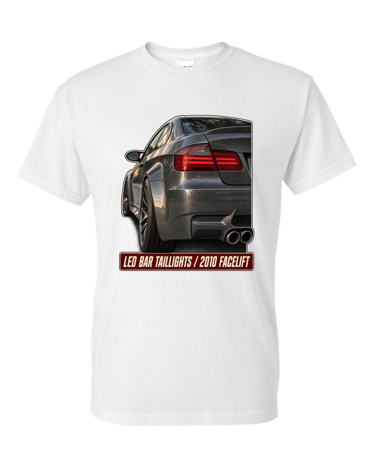BMW M3 E92 LCI LED bar taillight close-up print white t-shirt front view with the design