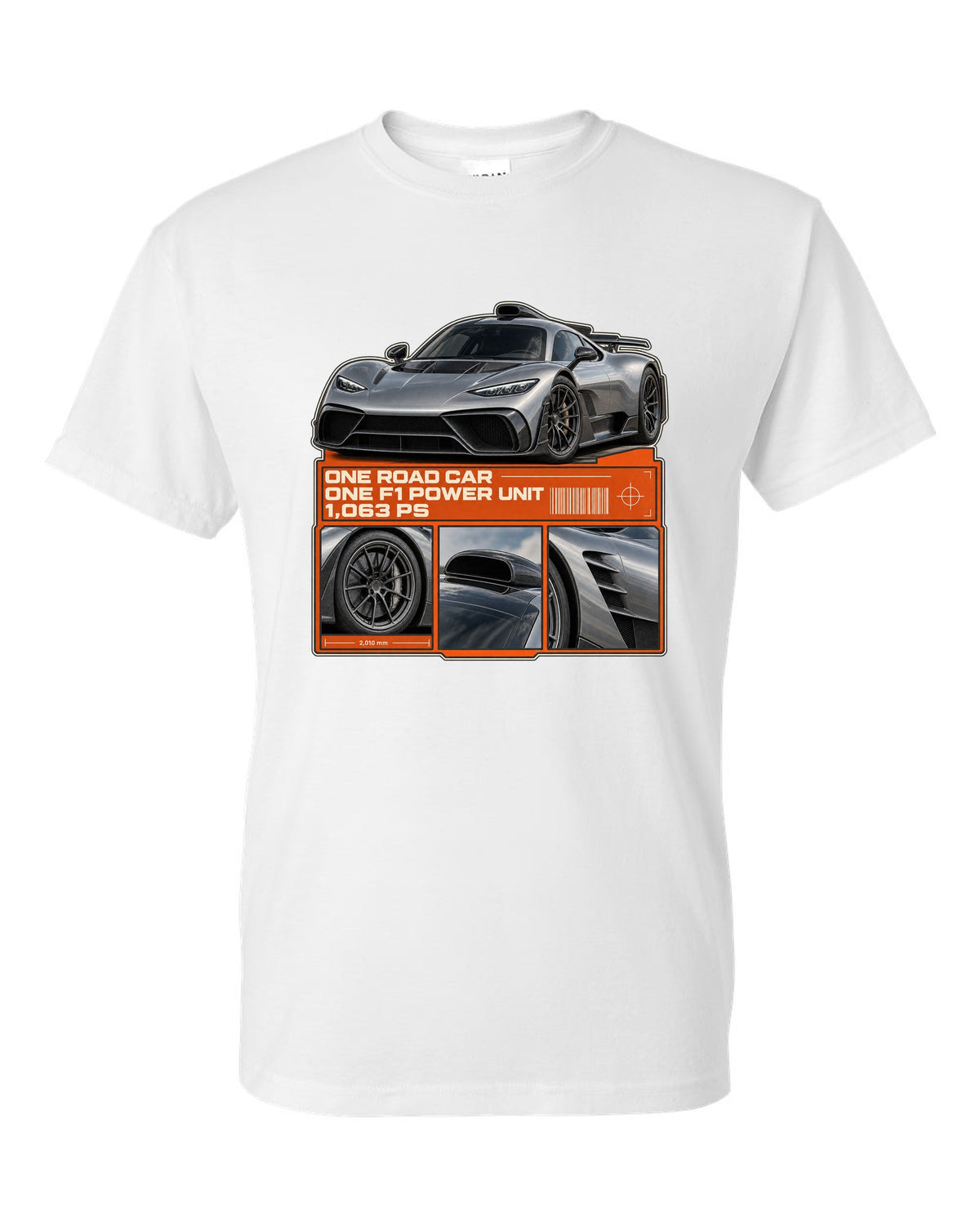 Mercedes-AMG One dossier panel design with three detail views white t-shirt front view with the design