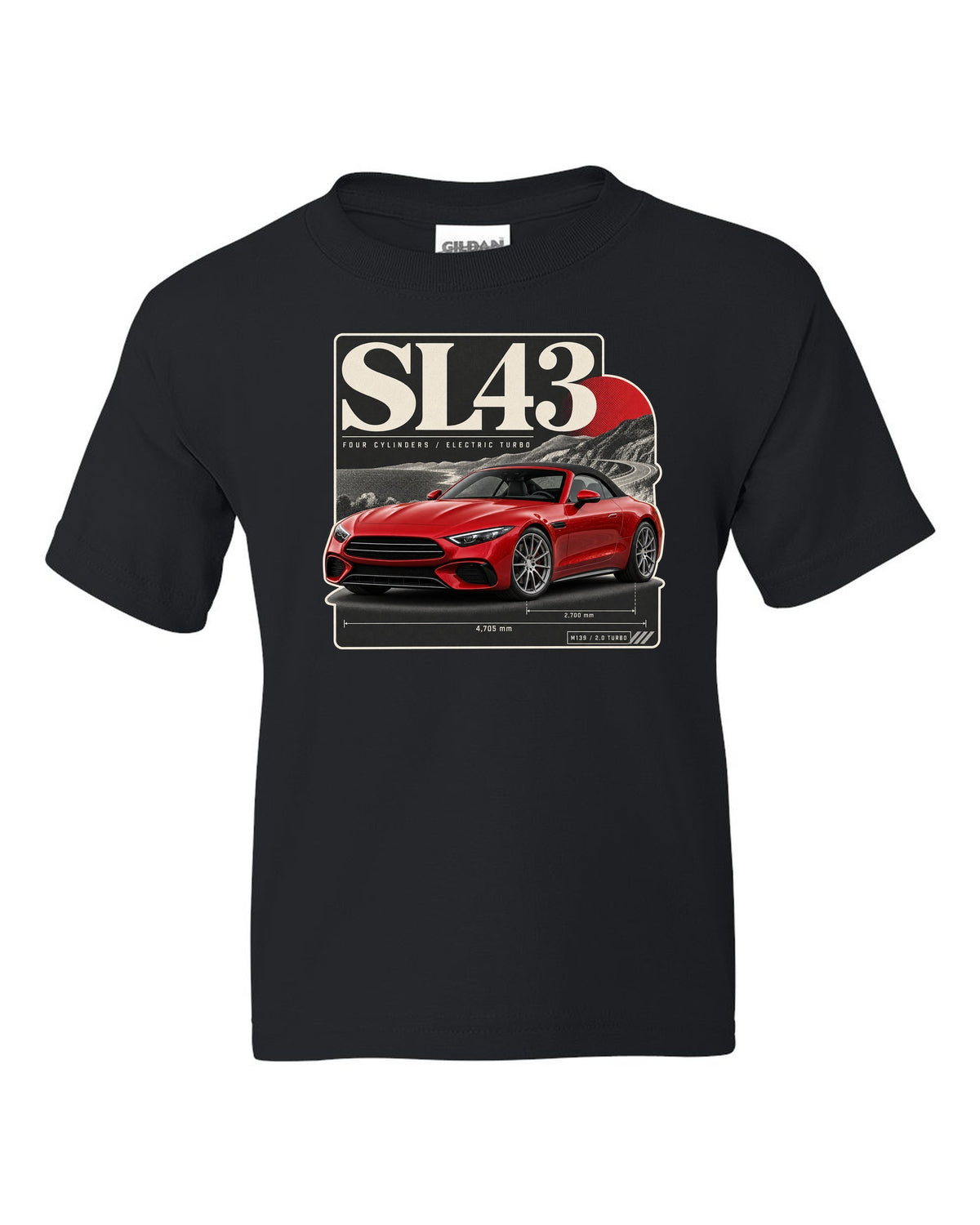 SL43 R232 Electric Turbo Editorial black kids tee front view with the design