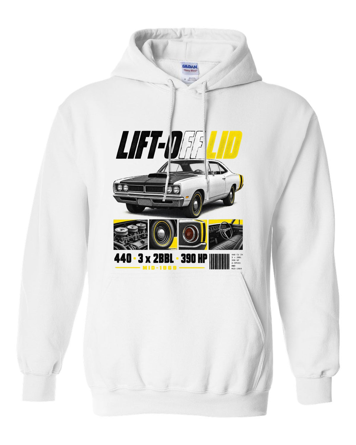 1969 Dodge Coronet Super Bee A12 dossier panel print with lift-off lid and 440 lettering white pull over hoodie front view with the design