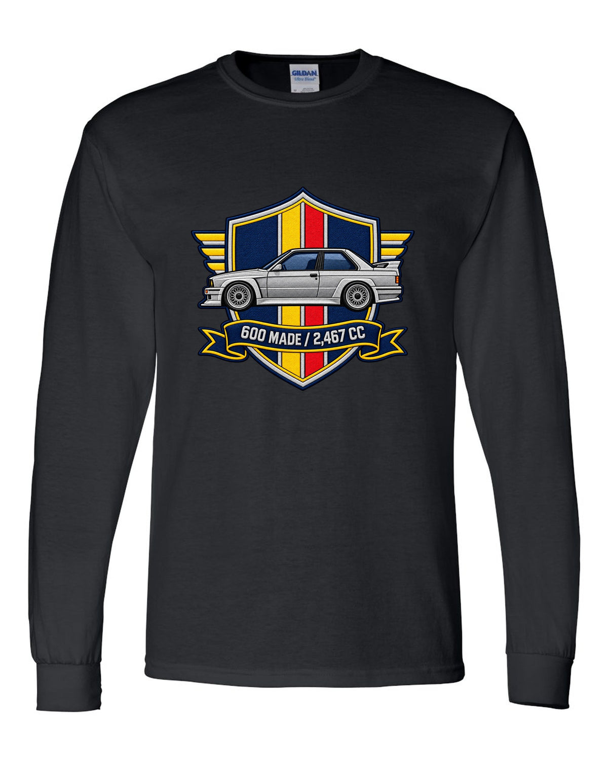 Varsity crest style print of a BMW E30 M3 Sport Evo with 600 made and 2,467 cc text black long sleeve front view with the design