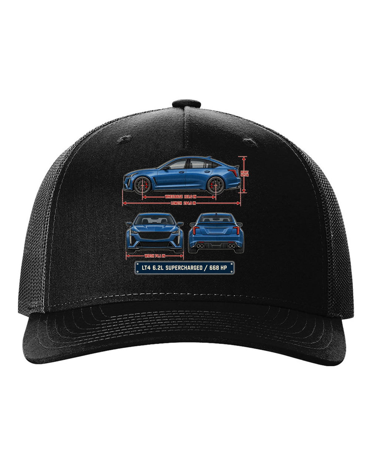 Dimension blueprint print of a Cadillac CT5-V Blackwing sedan black hat front view with the design