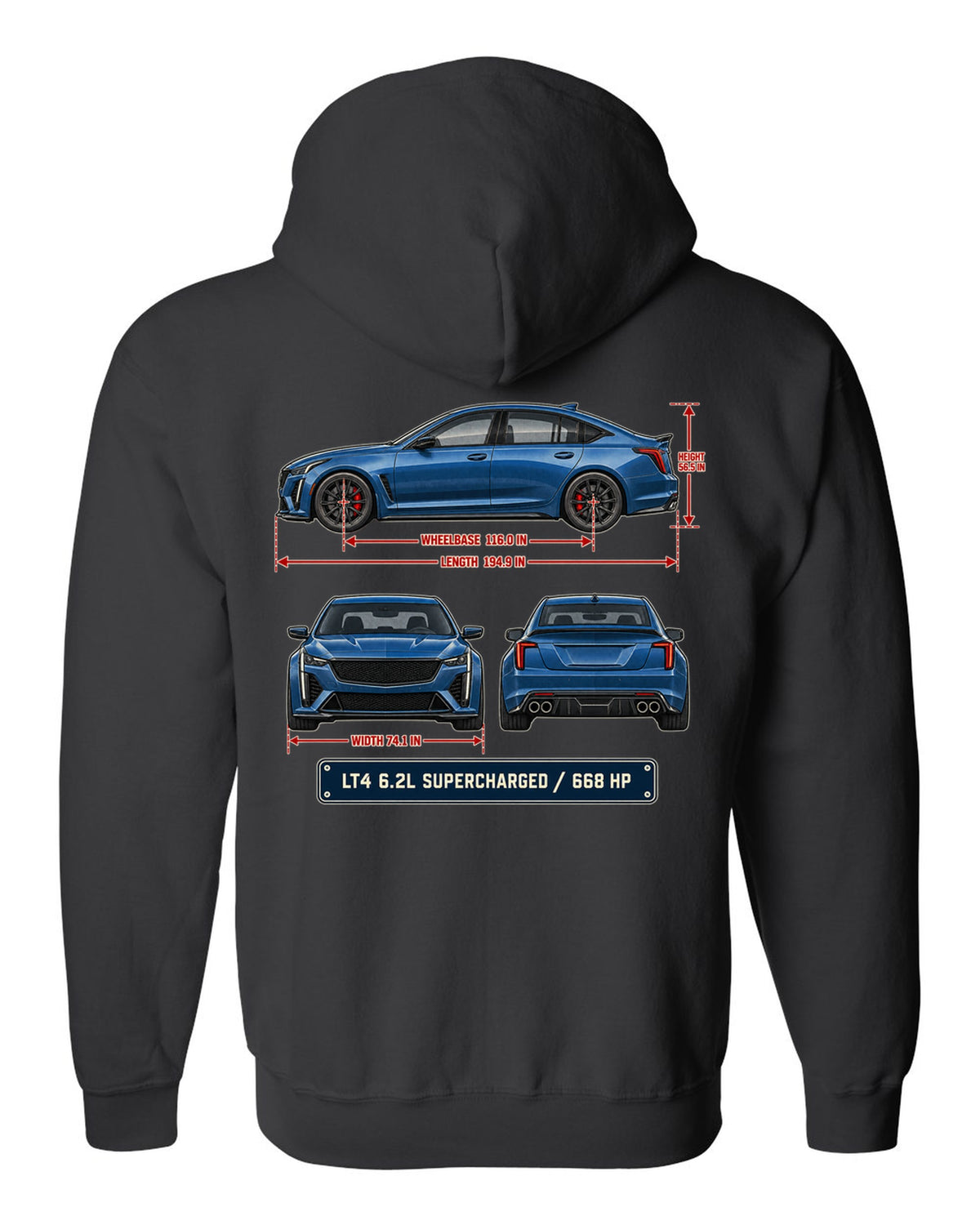 Dimension blueprint print of a Cadillac CT5-V Blackwing sedan black zip hoodie back view with the design