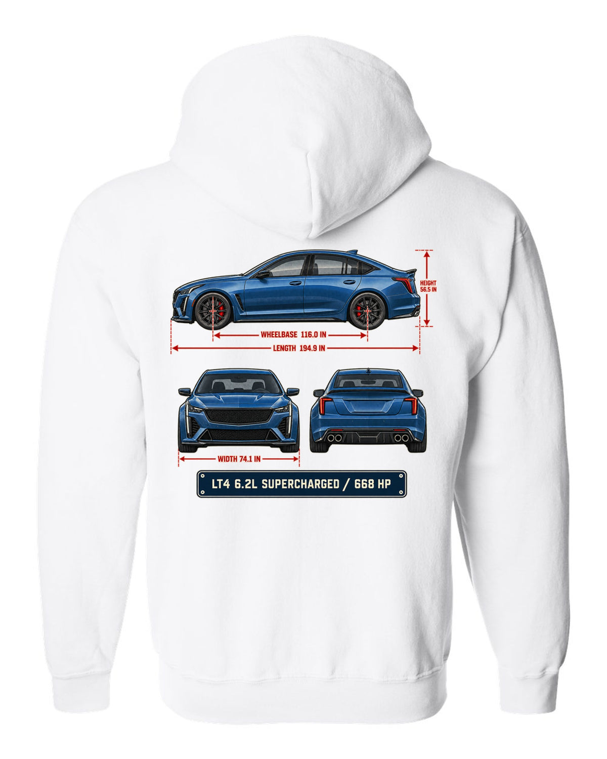 Dimension blueprint print of a Cadillac CT5-V Blackwing sedan white zip hoodie back view with the design