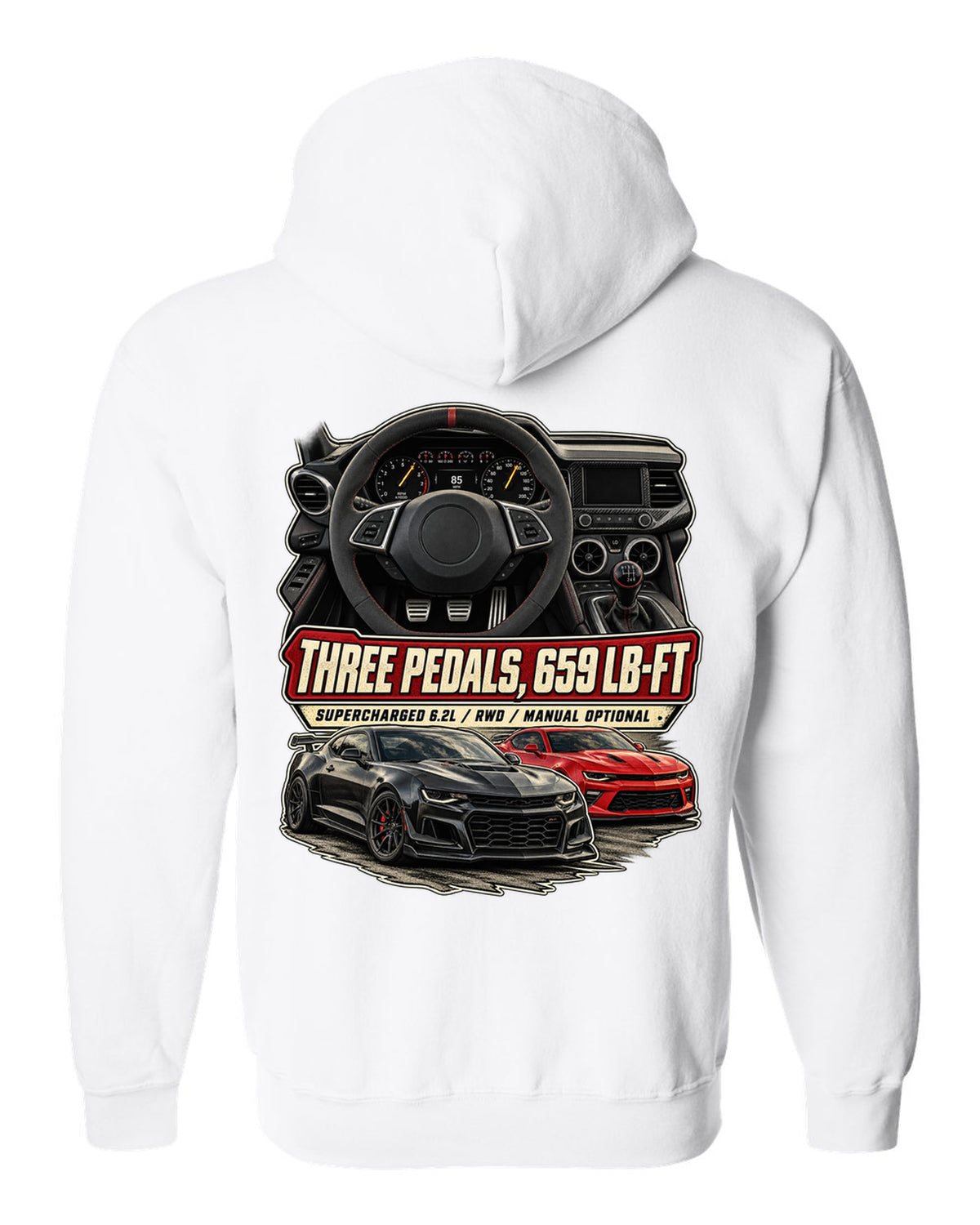 Gauge cockpit print of a 2022-25 Cadillac CT5-V Blackwing interior white zip hoodie back view with the design