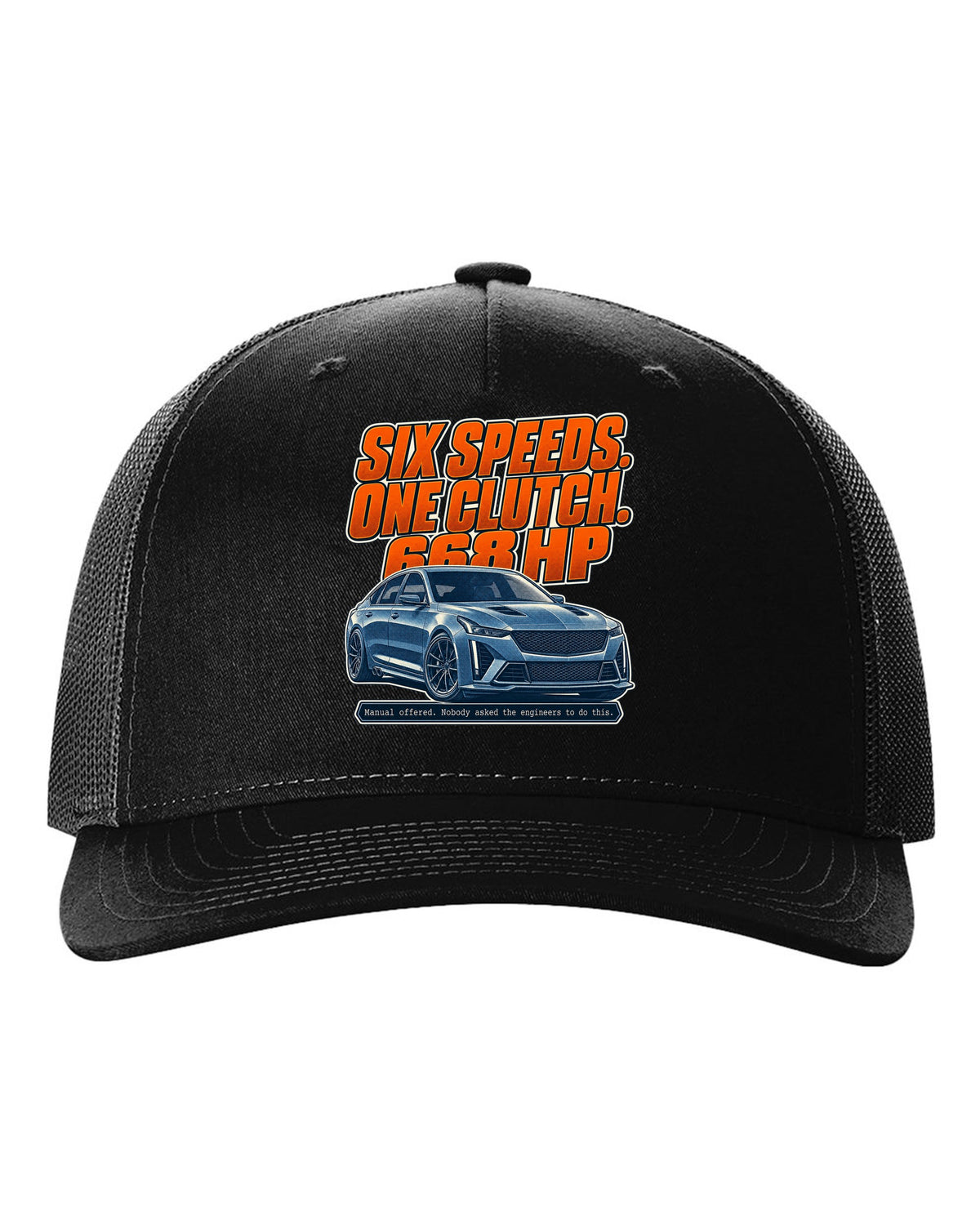 Halftone print of a Cadillac CT5-V Blackwing with six-speed manual text black hat front view with the design
