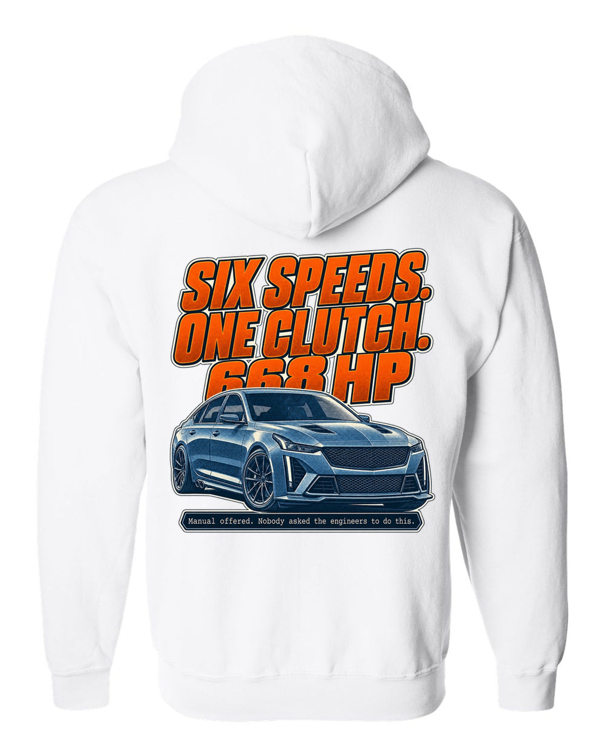 Halftone print of a Cadillac CT5-V Blackwing with six-speed manual text white zip hoodie back view with the design