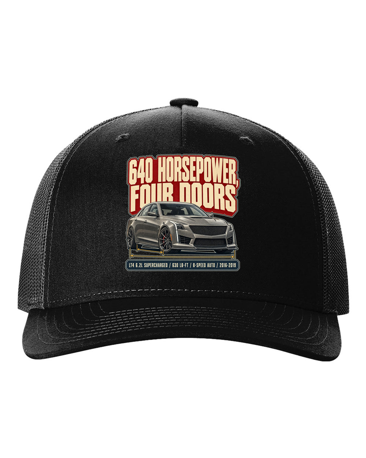 Editorial headline print for a 2016-19 third generation Cadillac CTS-V black hat front view with the design