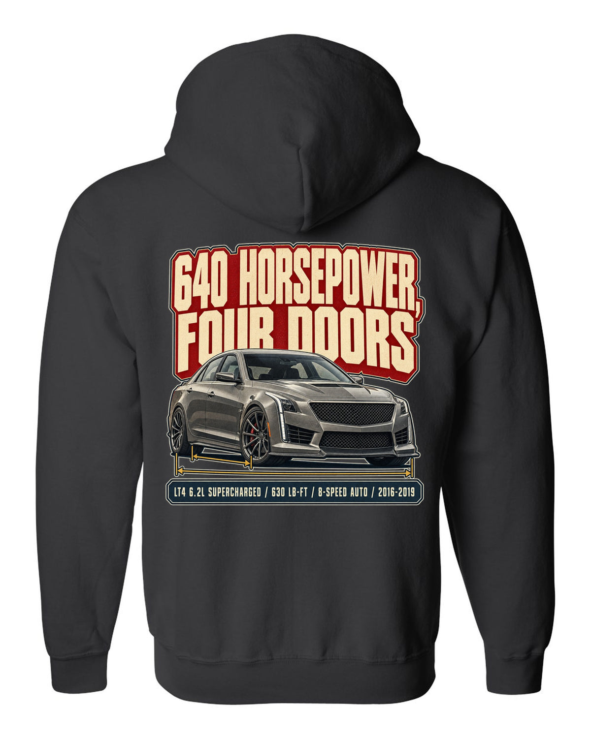 Editorial headline print for a 2016-19 third generation Cadillac CTS-V black zip hoodie back view with the design