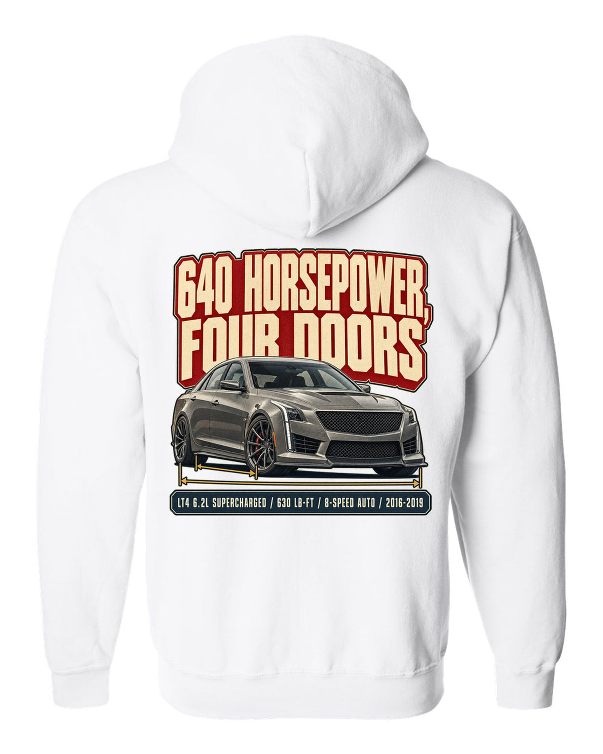 Editorial headline print for a 2016-19 third generation Cadillac CTS-V white zip hoodie back view with the design