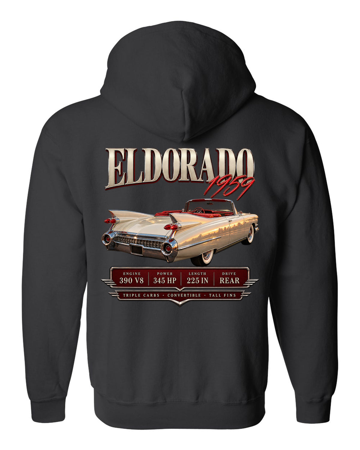 print archive panel of a 1959 Cadillac Eldorado Biarritz convertible with 390 V8 lettering black zip hoodie back view with the design