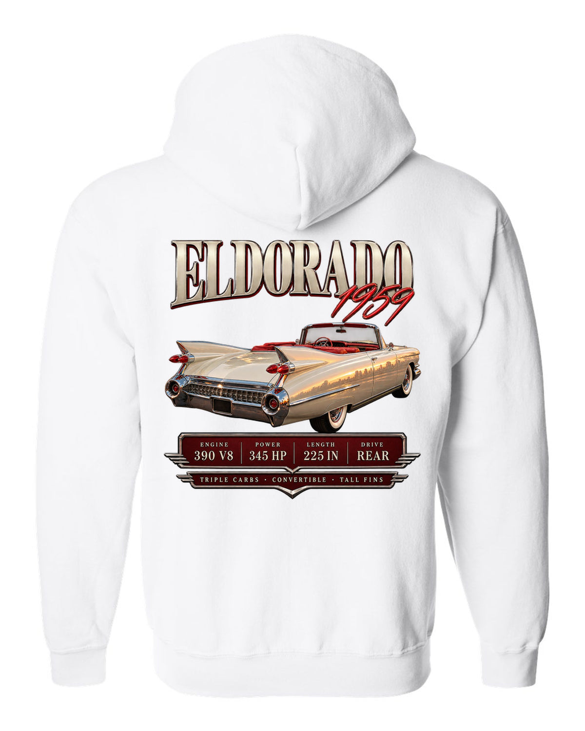 print archive panel of a 1959 Cadillac Eldorado Biarritz convertible with 390 V8 lettering white zip hoodie back view with the design