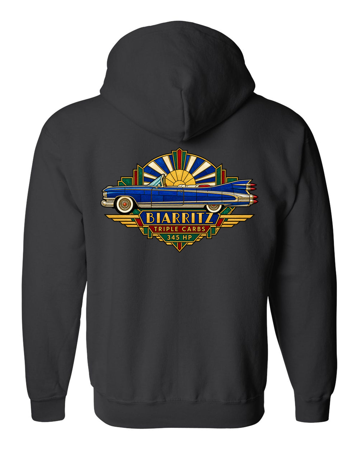 1959 Cadillac Eldorado Biarritz in Art Deco stained-glass geometric style black zip hoodie back view with the design