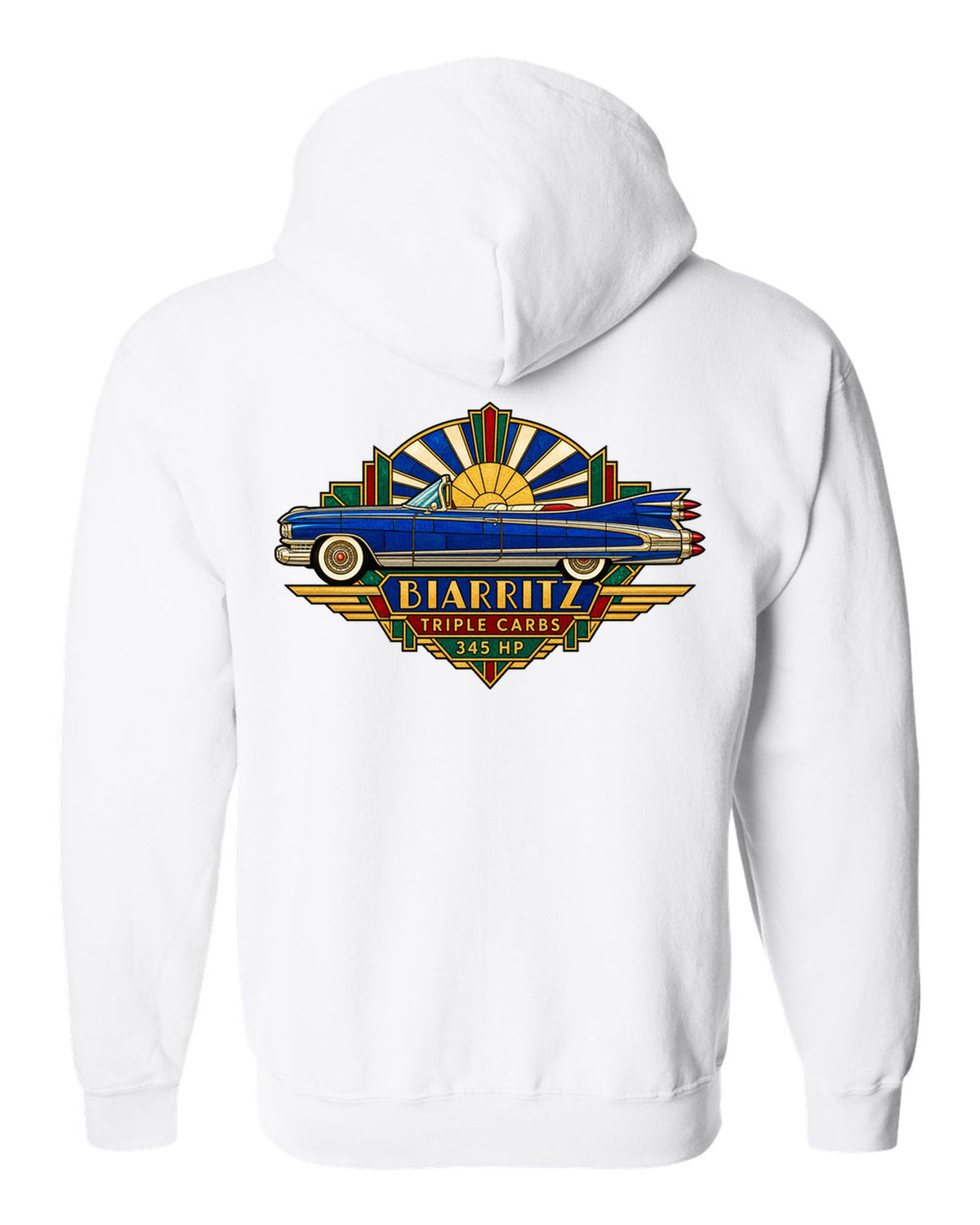 1959 Cadillac Eldorado Biarritz in Art Deco stained-glass geometric style white zip hoodie back view with the design