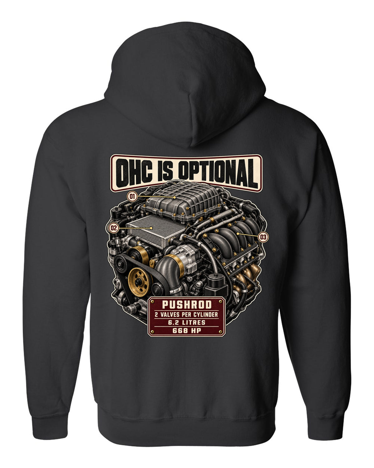 print of the Cadillac LT4 6.2L supercharged V8 engine from the CT5-V Blackwing black zip hoodie back view with the design