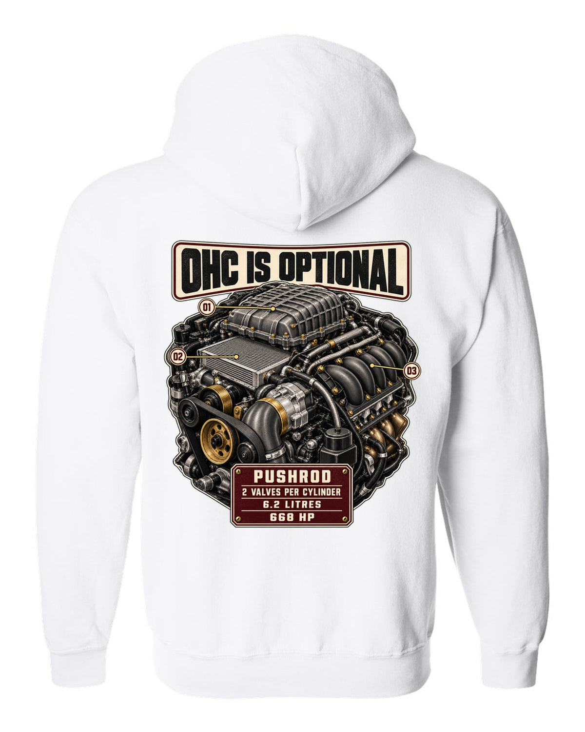 print of the Cadillac LT4 6.2L supercharged V8 engine from the CT5-V Blackwing white zip hoodie back view with the design