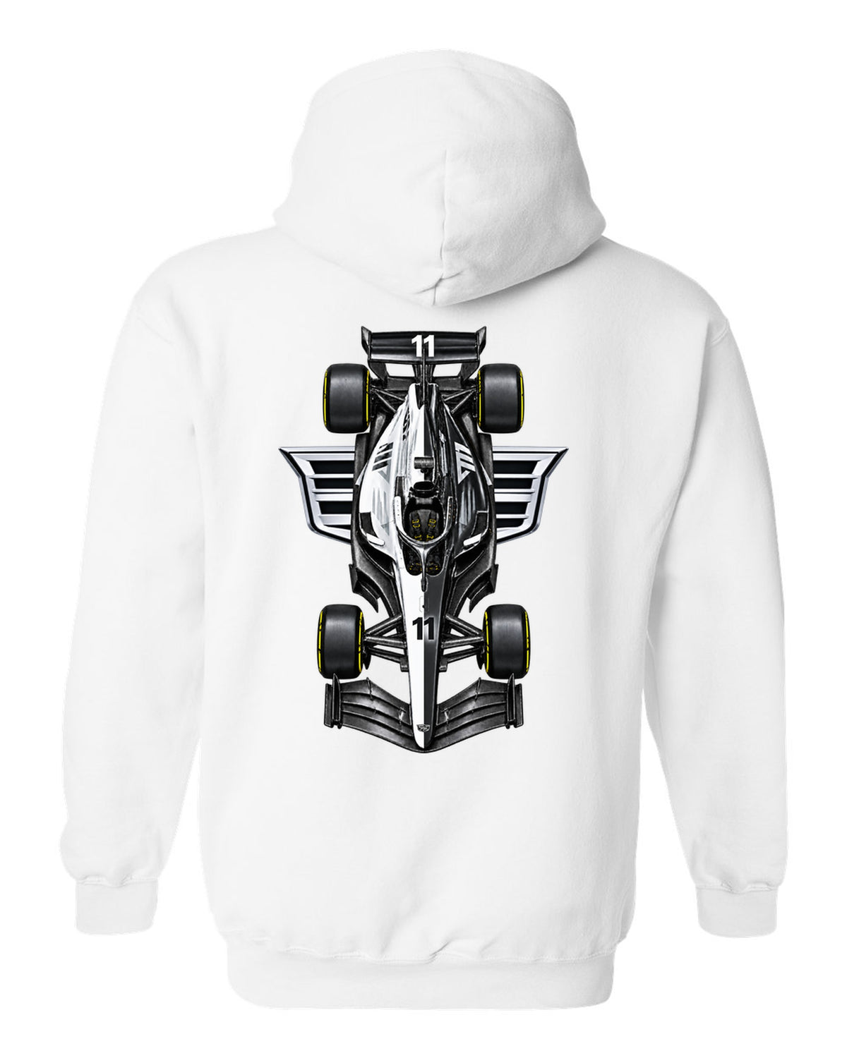 Cadillac MAC-26 Formula 1 overhead poster artwork white pull over hoodie back view with the design