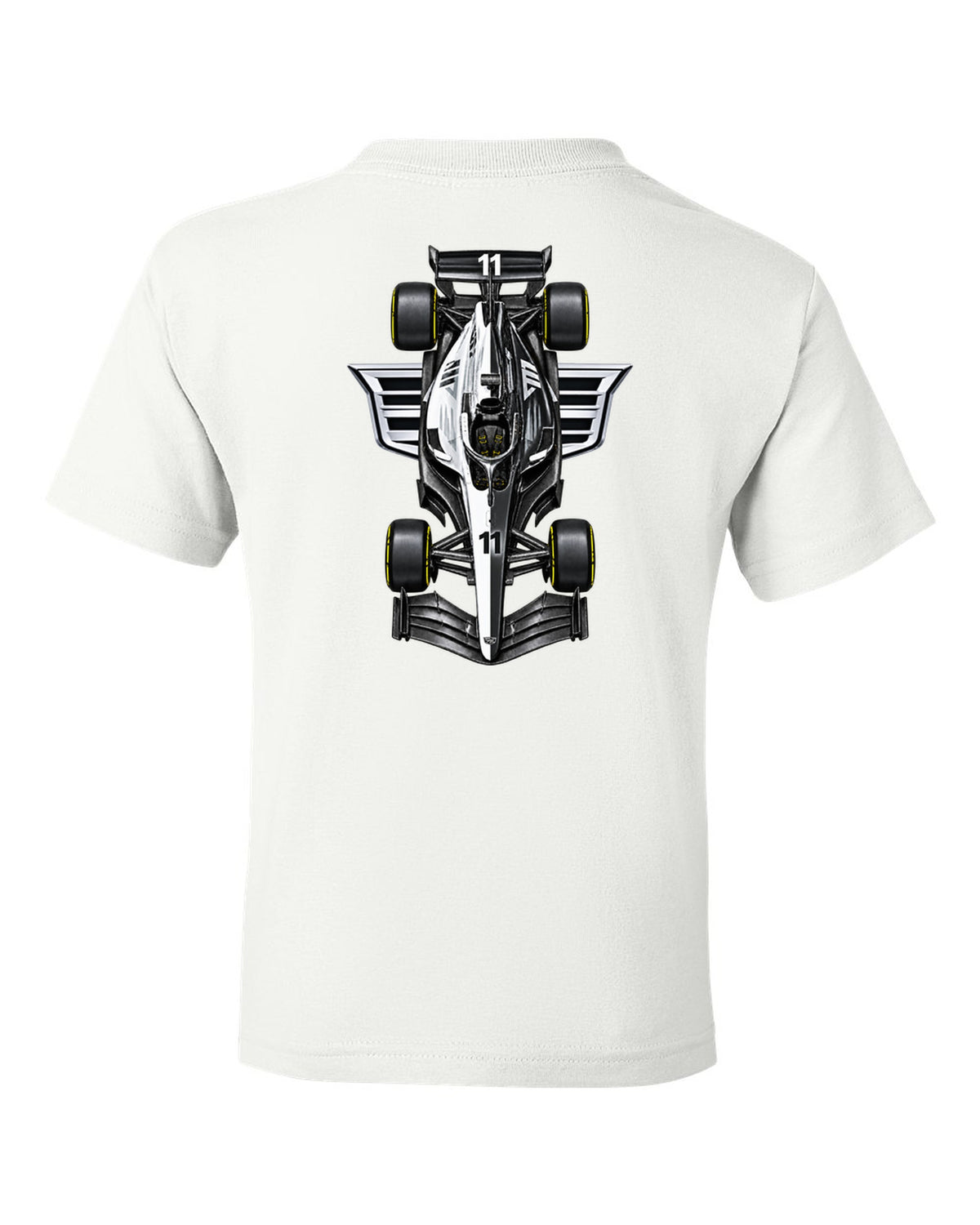 Cadillac MAC-26 Formula 1 overhead poster artwork white kids tee back view with the design