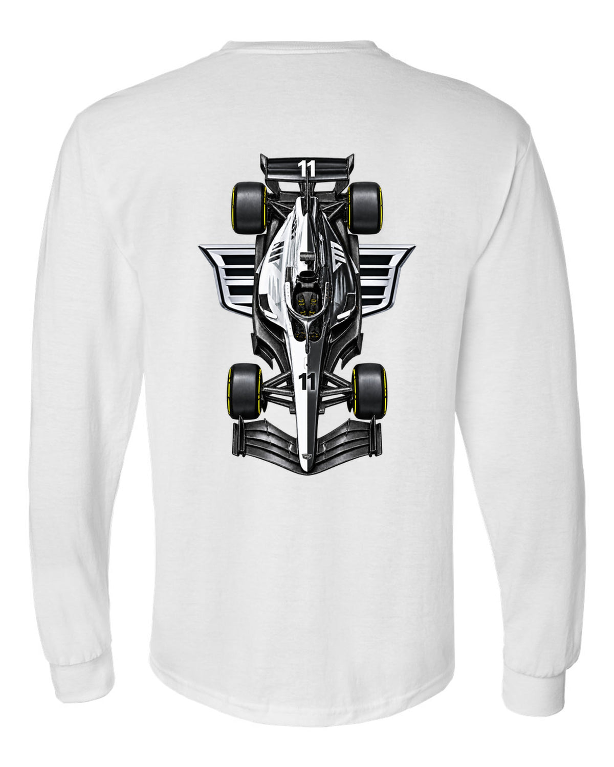 Cadillac MAC-26 Formula 1 overhead poster artwork white long sleeve back view with the design