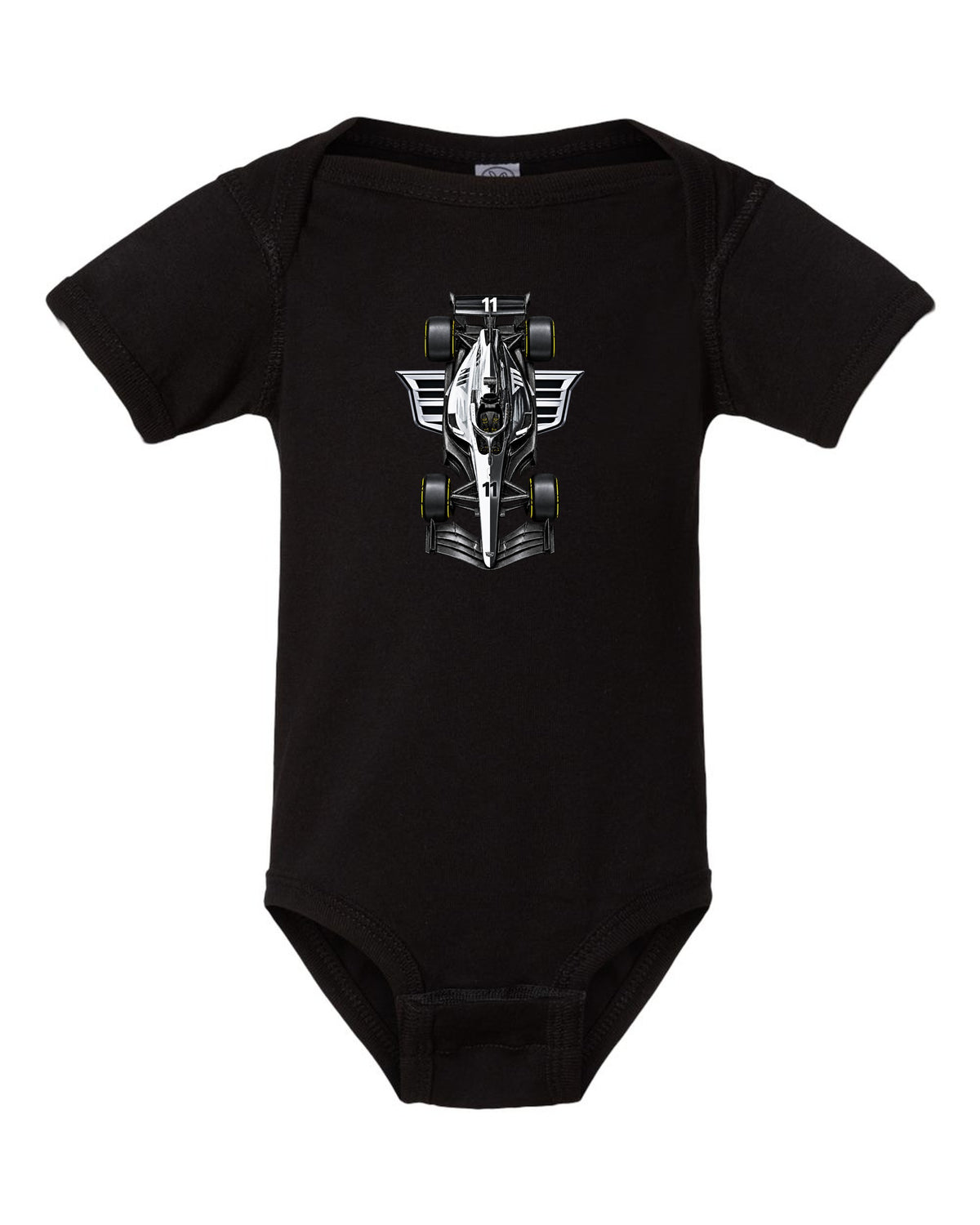 Cadillac MAC-26 Formula 1 overhead poster artwork black baby onesie front view with the design