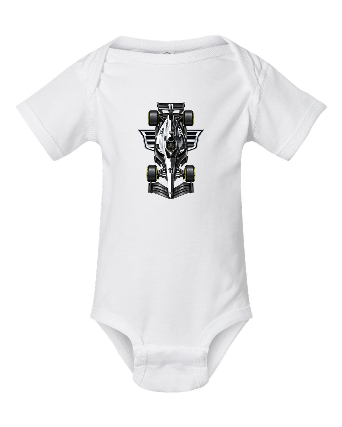Cadillac MAC-26 Formula 1 overhead poster artwork white baby onesie front view with the design
