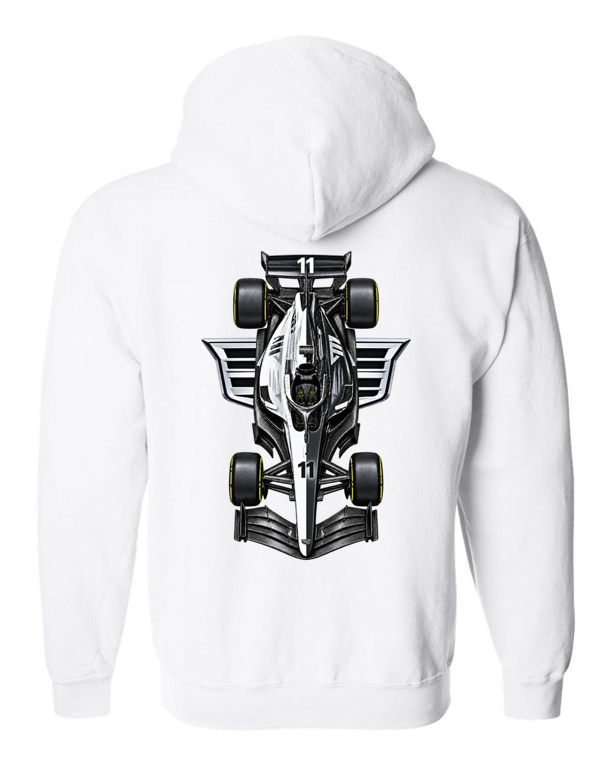 Cadillac MAC-26 Formula 1 overhead poster artwork white zip hoodie back view with the design