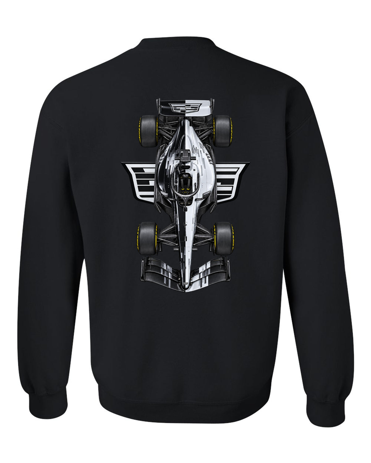 Cadillac MAC-26 Formula 1 overhead poster artwork black crewneck back view with the design