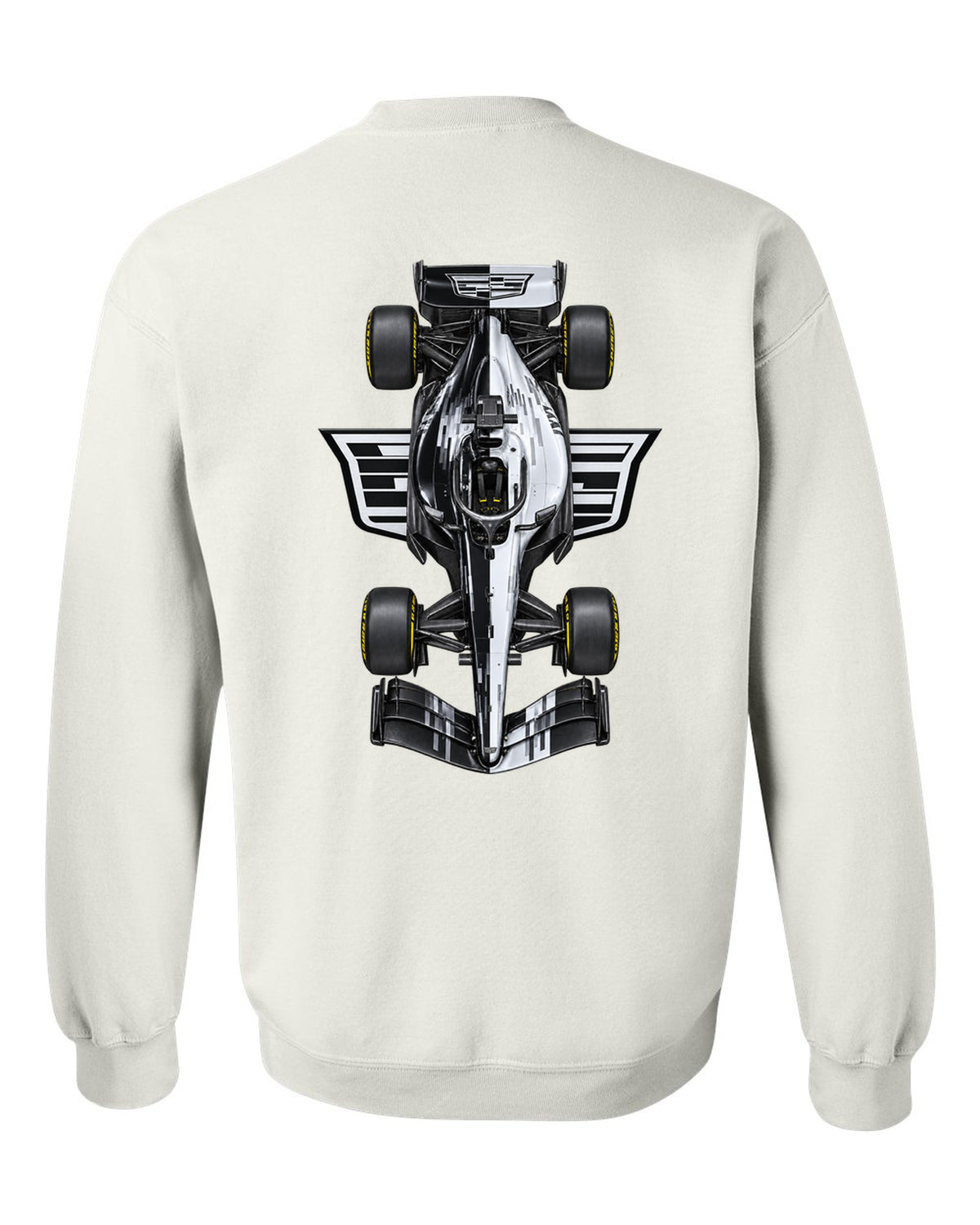 Cadillac MAC-26 Formula 1 overhead poster artwork white crewneck back view with the design