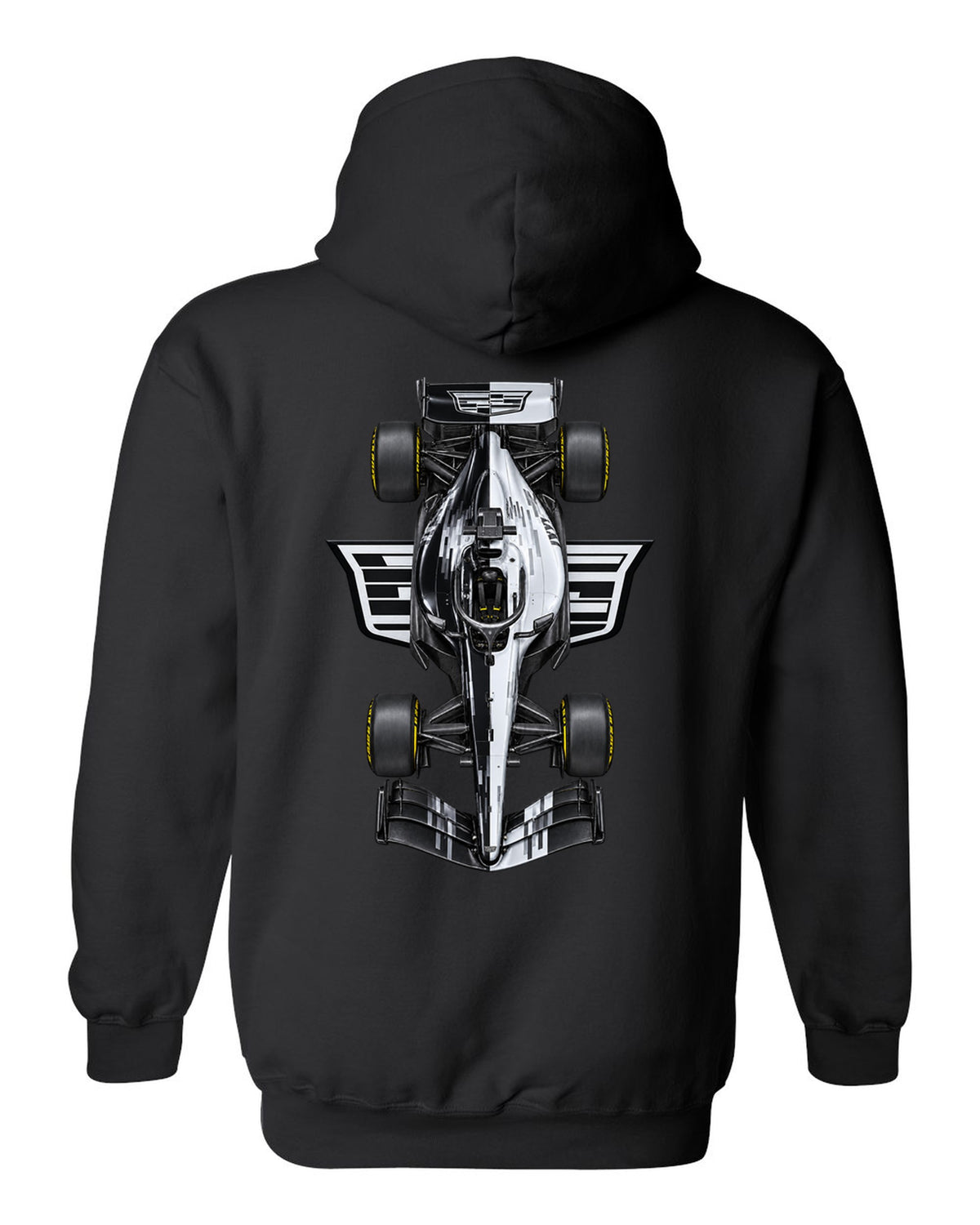 Cadillac MAC-26 Formula 1 overhead poster artwork black pull over hoodie back view with the design