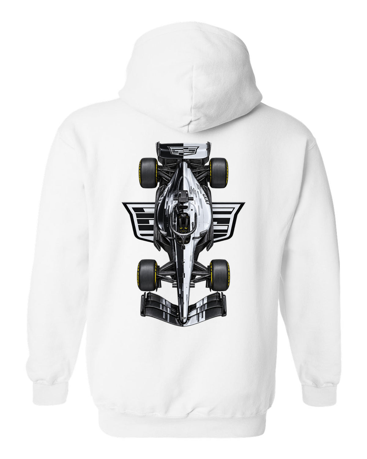 Cadillac MAC-26 Formula 1 overhead poster artwork white pull over hoodie back view with the design