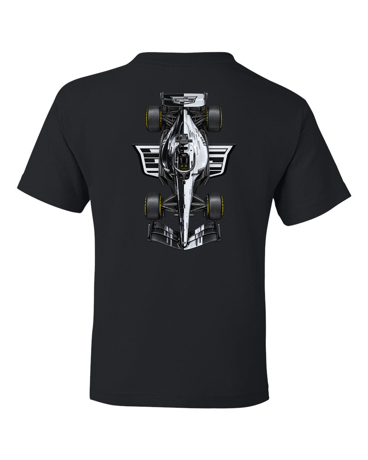 Cadillac MAC-26 Formula 1 overhead poster artwork black kids tee back view with the design