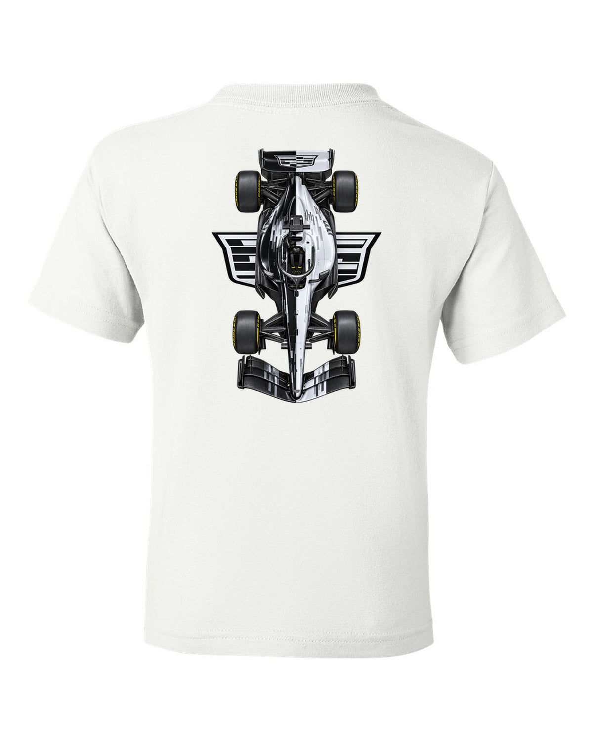Cadillac MAC-26 Formula 1 overhead poster artwork white kids tee back view with the design